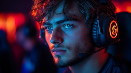 A young man with headphones intensely engages in a competitive gaming session, surrounded by vibrant, colorful lighting that creates an energetic atmosphere at an esports tournament.