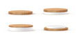 © backup16 - Wooden 3d podiums on white background. Collection of round stages display product. Empty circle stand pedestals of natural wood and for luxury product presentation. Realistic vector illustration set.