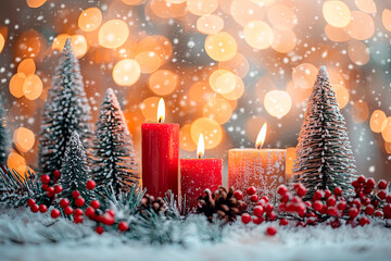 Red candles with winter Christmas decorations with snow background