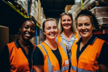 Smiling portrait of a diverse group of female warehouse workers