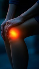 Poster - Woman suffering from knee pain, with a bright light highlighting the area of discomfort. This image can be used to represent concepts such as injury, arthritis, and medical treatment