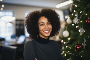 Wall Mural - Smiling portrait of a middle aged woman in startup office decorated for Christmas