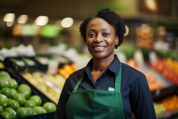 Wall Mural - Portrait of a middle aged African American worker in grocery store