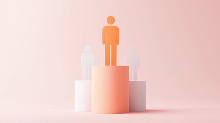 A vibrant orange figure stands tall on a pedestal among two white figures in a minimalist pink background.