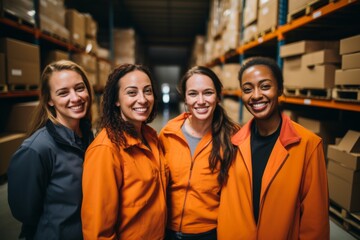 Wall Mural - Smiling portrait of a diverse group of female warehouse workers