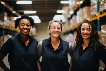 Wall Mural - Smiling portrait of a diverse group of female warehouse workers