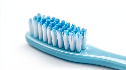 A close-up of a toothbrush with angled bristles, designed for cleaning between teeth, isolated on white background