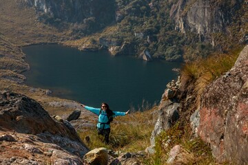 Wall Mural - Woman overlooking heart-shaped lake