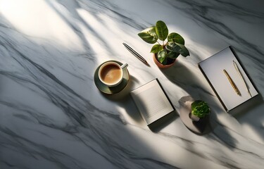 A marble surface with a cup of coffee, two pens, a potted plant, and a closed notebook, all bathed in sunlight.