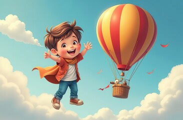 Wall Mural - cheerful kid on hot air balloon with banner in the sky