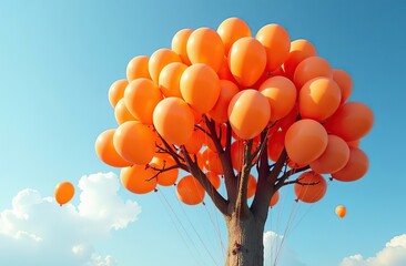 Wall Mural - a tree filled with lots of orange balloons floating in the air over a blue sky with a few more balloons floating in the air