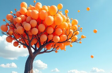 Wall Mural - a tree filled with lots of orange balloons floating in the air over a blue sky with a few more balloons floating in the air