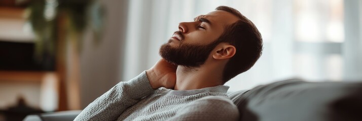Poster - Young man touching his neck, feeling discomfort and pain. He is sitting on a sofa in his living room, experiencing a stiff neck