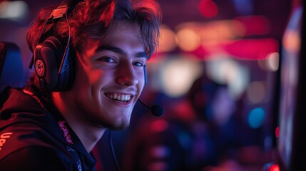 Aufkleber - A young gamer beams with joy while focused on their game during an energetic esports competition, surrounded by colorful lights and fellow players.