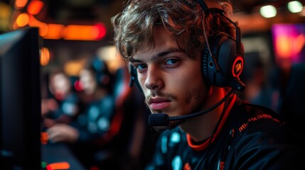 Aufkleber - A young gamer is intensely focused while wearing a headset, competing in an esports tournament at a lively venue, surrounded by colorful lights.