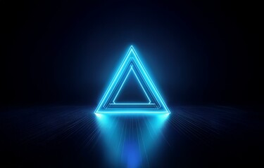 Aufkleber - A glowing blue triangle with a black interior stands in the center of a dark room with a textured, blue floor.