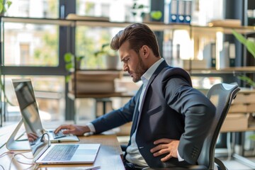 Grimacing from pain, a young male office worker sits at a desk in the office and rubs his lower back, feels severe back cramps, holds his hand, gives a massage