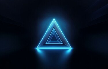 Poster - a glowing blue neon triangle with a reflective surface sits in a dark, empty room.