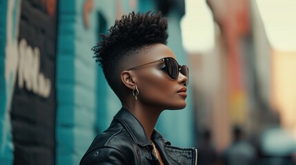 Textured pixie cut with shaved sides on a confident afro american woman, bold color accents, street style photography, hyper-realistic, haircut