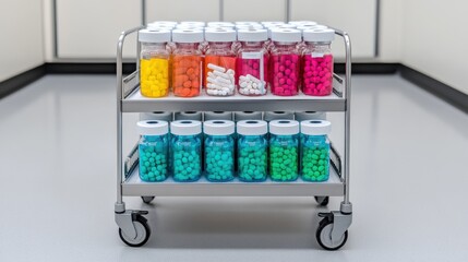 Wall Mural - Rows of labeled medication vials in a hospital pharmacy refrigerator