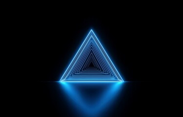 Wall Mural - A blue glowing neon triangle with a reflection on a dark background.