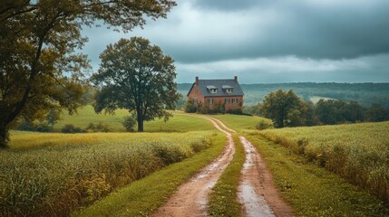 Melancholic pathway winding towards a two-story mansion, surrounded by trees, evoking a sense of nostalgia and quiet reflection in a serene landscape.