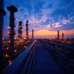 Industrial landscape at dusk with illuminated towers and pipes under a colorful sky.