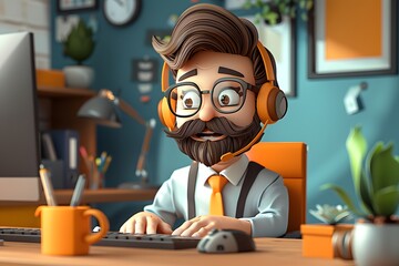 Poster - Engaging Cartoon Character Working at a Modern Desk with Headset