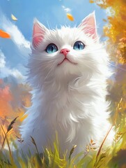 A fluffy white cat with striking blue eyes gazes upwards in a vibrant autumn landscape, surrounded by colorful leaves.