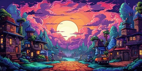 Poster - A colorful, pixelated painting of a town with a large sun in the sky