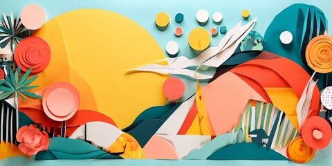 Poster - A colorful paper collage of a landscape with a yellow sun in the center