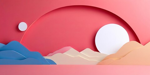 Aufkleber - A colorful drawing of a mountain range with a blue and white sun in the sky