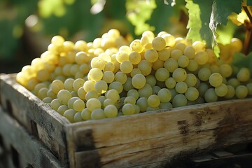 Vineyard harvest, crate of freshly picked green grapes ready to be processed. 