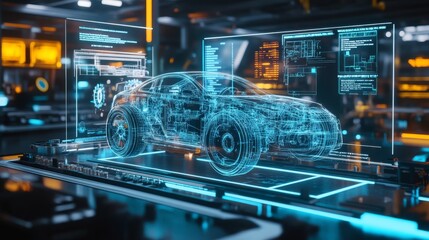 Wall Mural - A futuristic, digital representation of a car displayed on a high-tech interface, showcasing holographic designs and technical data.