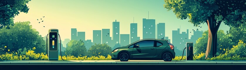 A green electric car charging in an urban setting, showcasing modern sustainability against a vibrant city skyline.