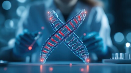 Poster - Scientist holding a 3D DNA model, data visualizations in the background