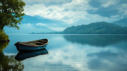 Naklejka na meble Tranquil Lake with a Rowboat and Mountain Background