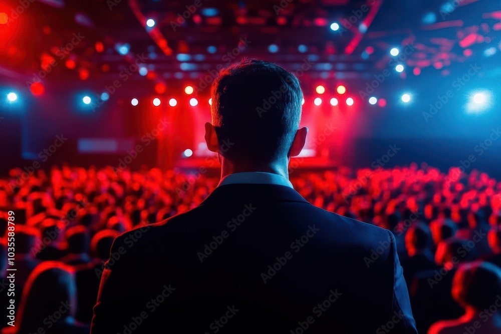 Audience in a modern conference hall, rear view with focus on speaker ...