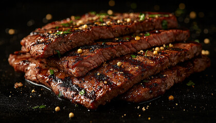 Poster - Grilled beef steak on dark barbecue grill plate generated by AI