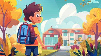 Boy with backpack going to school. The new academic semester year start with friend at school background , Generative Ai 