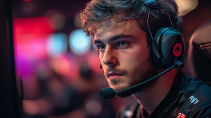 Aufkleber - a young esports competitor is deeply concentrated, wearing a headset and microphone, amidst a lively