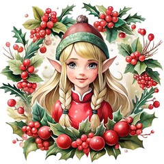 Scandinavian nordic elf. Watercolor painting winter holiday greeting card for Merry Christmas and Happy New Year. Collection of seasonal illustrations in christmas design style.