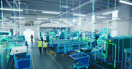 Leinwandbilder - Two Engineers in Safety Vests Use a Tablet to Interact With Holographic Data in a High-tech Factory, Activate AI Facility Analysis, Advanced Machinery, Digital Interfaces, Futuristic Manufacturing