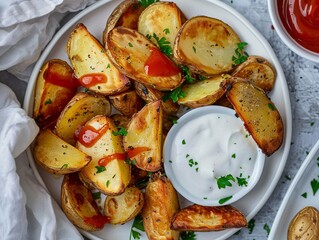 Crispy Air-Fried Roast Potatoes served with Ketchup and Mayo Dip on a White Plate: A Bird's Eye View