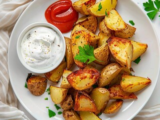 Crispy Air Fryer Roast Potatoes Served with Ketchup and Mayo Dip: A Delicious Top-Down View