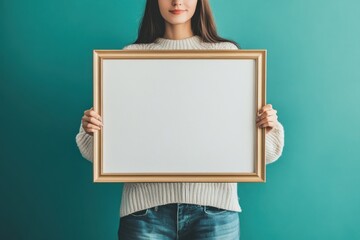 woman in casual attire holding a blank frame against teal background