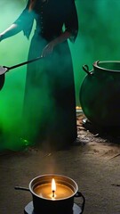 Wall Mural - vertical 9:16 witch stirring a bubbling cauldron inside a dark cluttered witch's lair. green mist ri