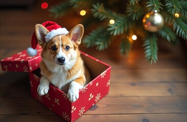 happy corgi dog in a santa's ha coming out of a christmas red gift. on festive background with chris