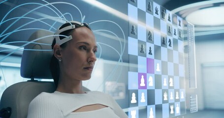 Aufkleber - Woman Uses a Neural Headset to Play Virtual Chess in a Futuristic Lab, Interacting With a Holographic Chessboard Interface, Highlighting Advanced Technology and Immersive Digital Experiences.