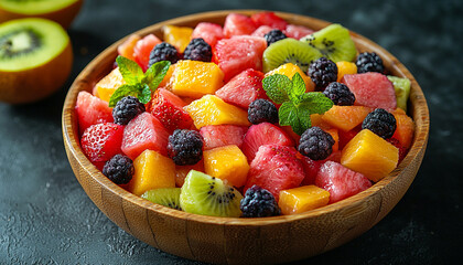 Poster - Healthy eating with fresh fruit salad on wood plate generated by AI